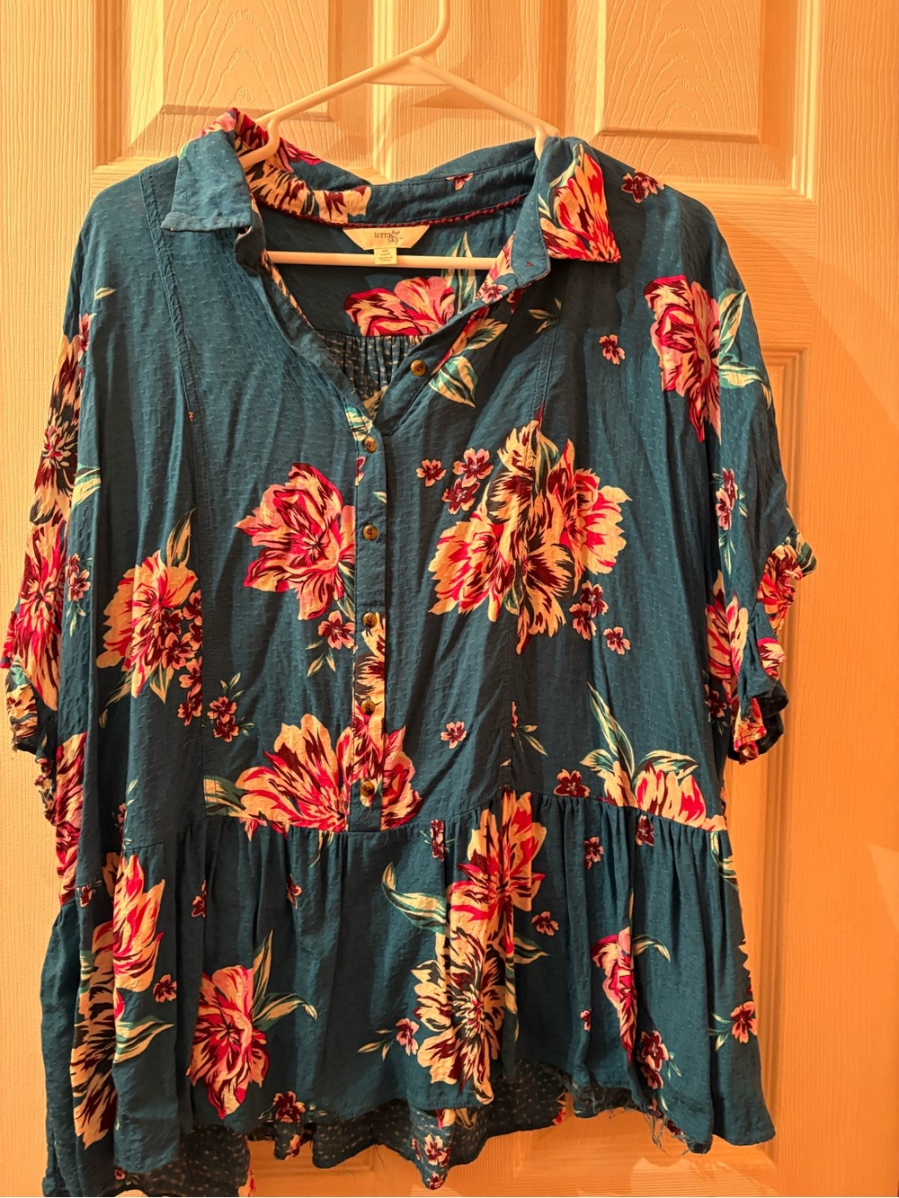 Terra & Sky Teal Floral Button-Front Peplum Blouse